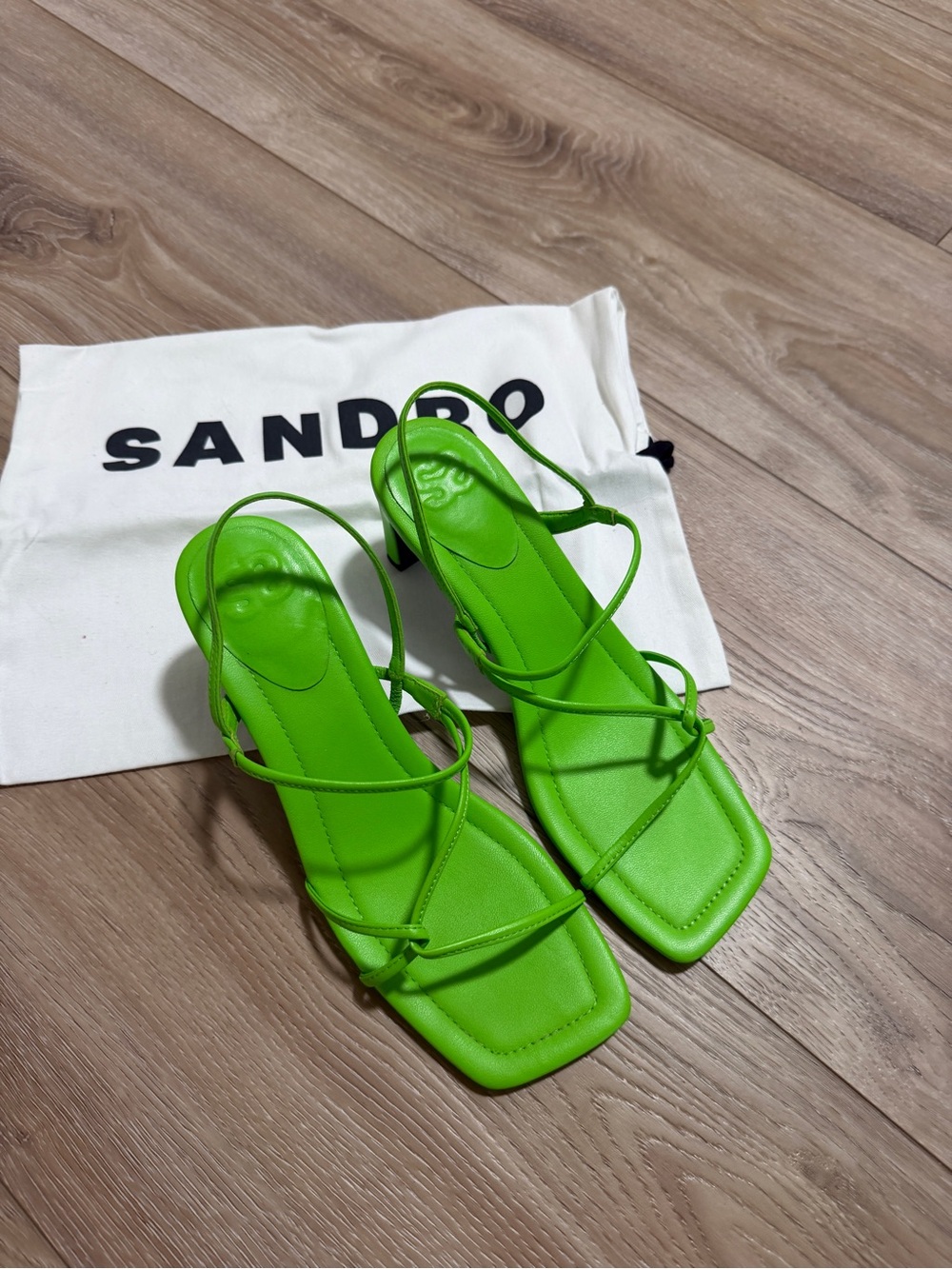 Sandro Neon Green Strappy Leather Square-Toe Sandals
